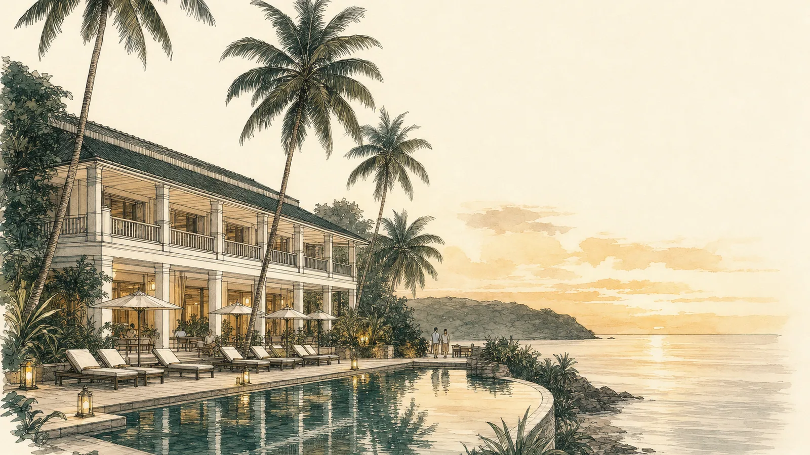 Ink and watercolour drawing of a low-rise resort beside a pool at dusk