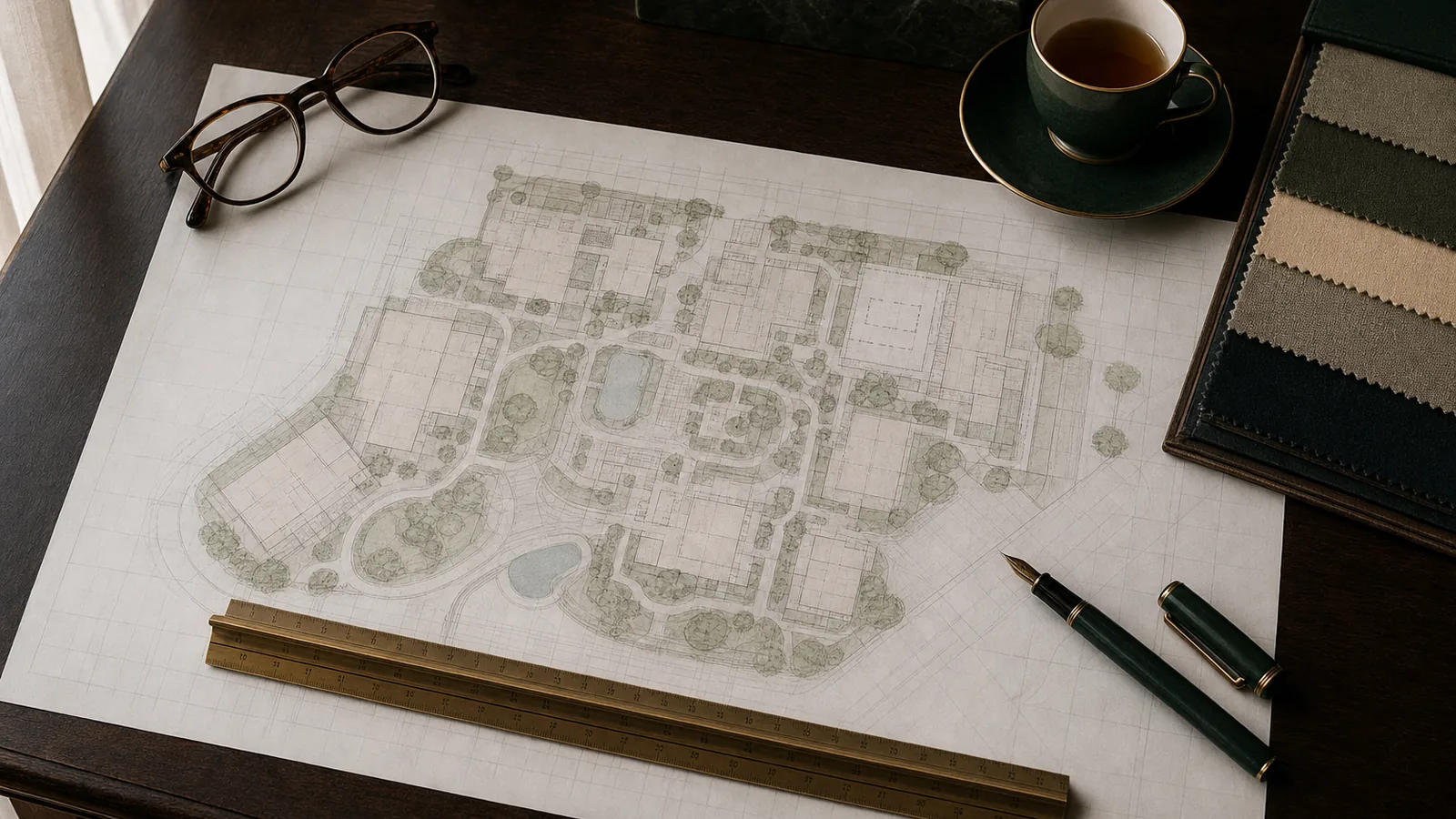 A resort master plan laid out on a desk with reading glasses, a fountain pen, a scale rule and fabric swatches