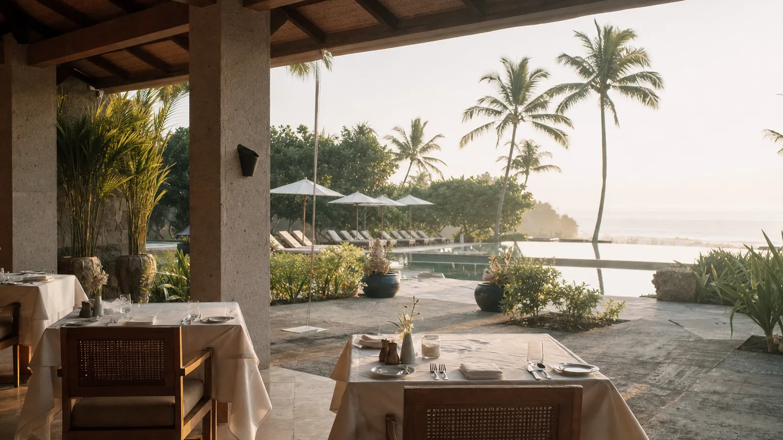 A shaded resort terrace laid for breakfast, with a pool, palms and the sea beyond in early light
